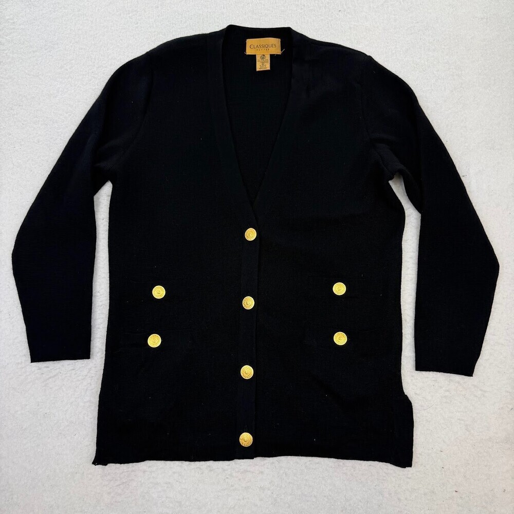 Vintage Black Wool Cardigan Women's Gold Crest Button V-Neck Knit Long Sleeve S